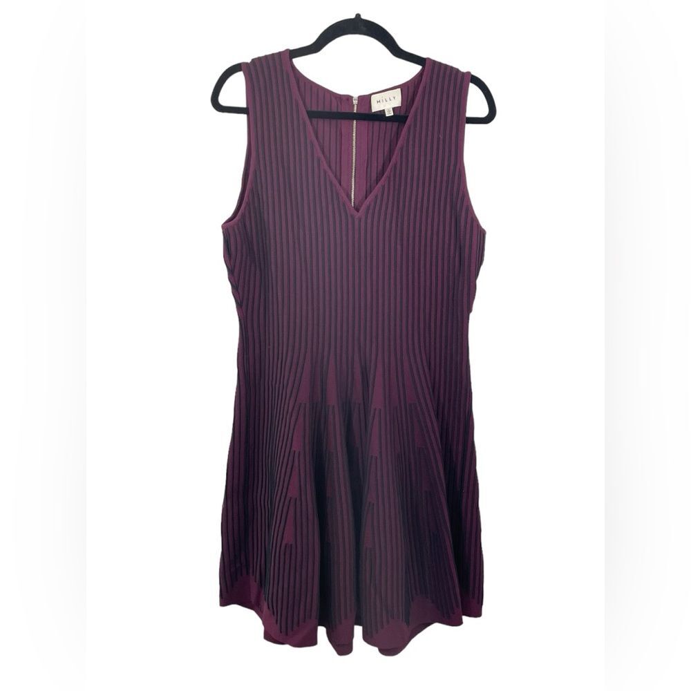 Milly Engineered Linear Fit and‎ Flare Godet Stripe Dress Size LARGE Burgundy